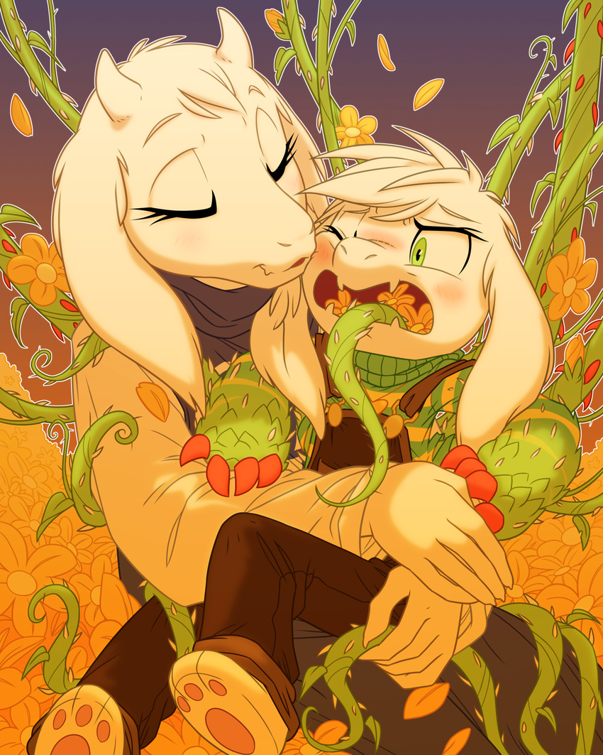 2016 anthro asriel_dreemurr blush boss_monster caprine child clothed clothing duo embrace equestria-prevails eyelashes eyes_closed female flora_fauna flower fur goat green_eyes horn humanoid long_ears male mammal mother open_mouth overalls pants parent petals plant robe son toriel undertale video_games vines white_fur young