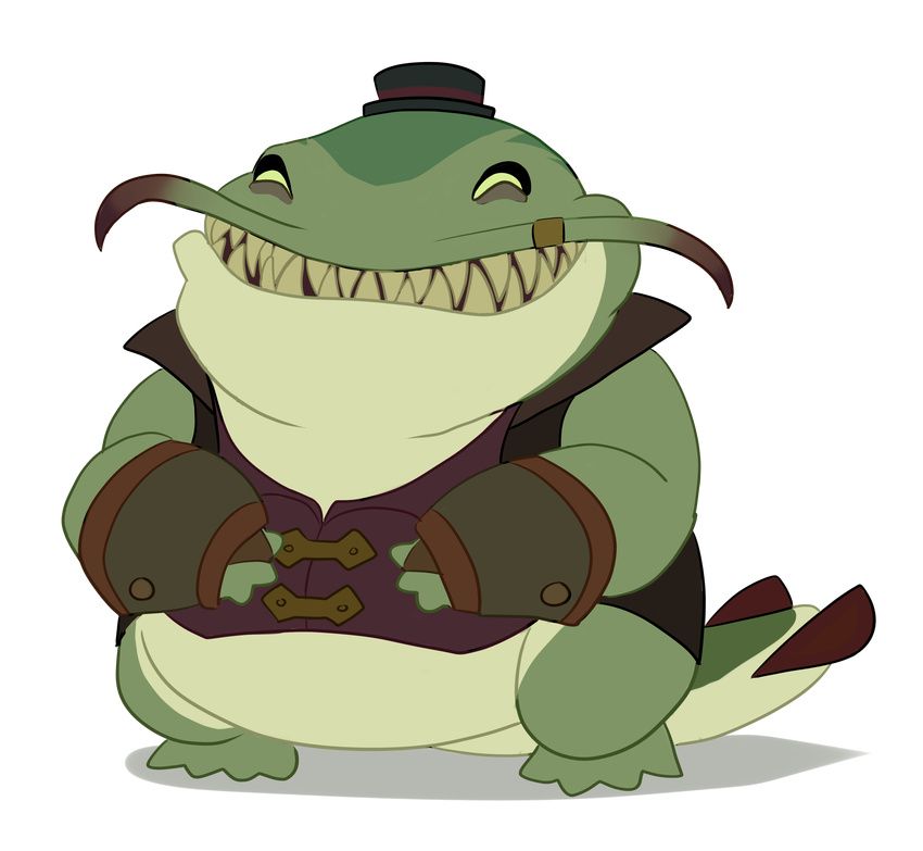 2015 absurd_res akumaakatsukii alpha_channel big_smile bottomless catfish clothed clothing cute digital_drawing_(artwork) digital_media_(artwork) empty_eyes fish front_view green_eyes green_scales grin hat hi_res league_of_legends male marine overweight overweight_male scales shadow sharp_teeth shirt simple_background smily standing tahm_kench_(lol) teeth toony top_hat transparent_background vest video_games whiskers