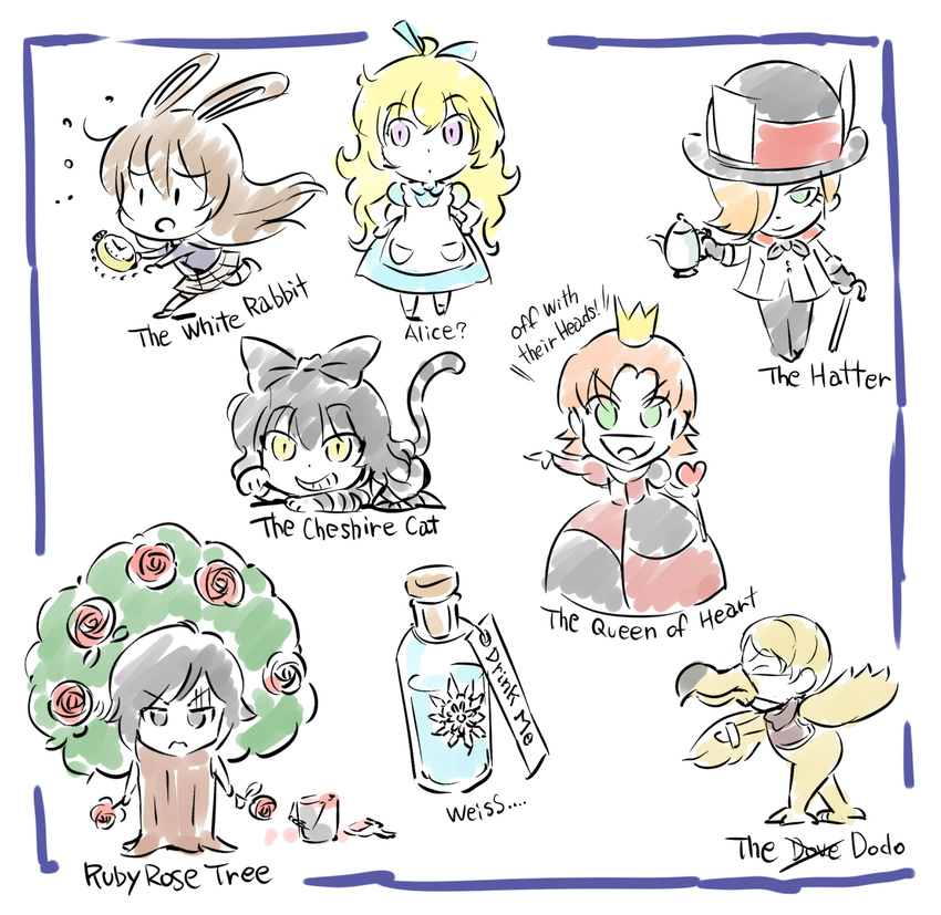 alice_(wonderland)_(cosplay) alice_in_wonderland animal_ears blake_belladonna bunny_ears cat_ears cheshire_cat cheshire_cat_(cosplay) cosplay dodo_(bird) dove_bronzewing glass_bottle highres iesupa mad_hatter mad_hatter_(cosplay) multiple_girls nora_valkyrie queen_of_hearts queen_of_hearts_(cosplay) roman_torchwick ruby_rose rwby teapot tree_costume velvet_scarlatina weiss_schnee white_rabbit white_rabbit_(cosplay) yang_xiao_long