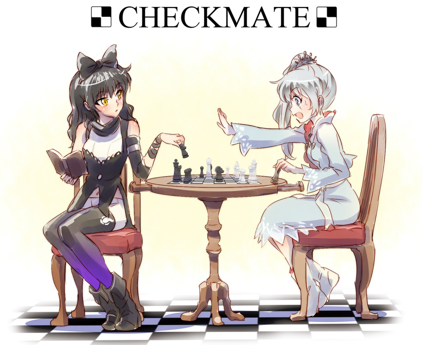 blake_belladonna board_game book checkmate chess chess_piece chessboard english iesupa multiple_girls pantyhose rwby weiss_schnee