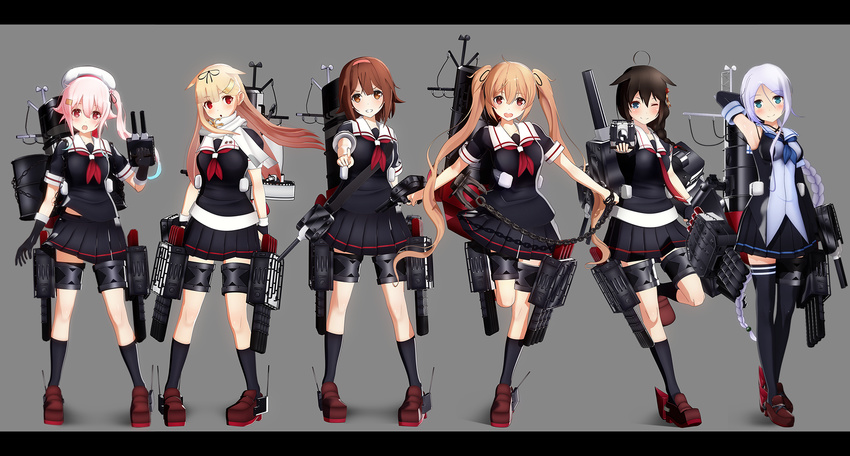 6+girls anchor bangs bare_shoulders beret black_gloves black_hair black_legwear black_ribbon black_serafuku black_skirt blonde_hair blue_eyes blue_hair braid breasts brown_eyes brown_hair cannon cel_shading collared_shirt elbow_gloves fingerless_gloves flail flower gloves gradient_hair hair_flaps hair_flower hair_ornament hair_over_shoulder hair_ribbon hairband hairclip harusame_(kantai_collection) hat highres kantai_collection light_brown_hair long_hair machinery medium_breasts messy_hair mole mole_under_eye multicolored_hair multiple_girls murasame_(kantai_collection) neckerchief open_mouth orange_hairband parted_bangs pink_eyes pink_hair pleated_skirt ponpu-chou red_eyes remodel_(kantai_collection) ribbon scarf school_uniform serafuku shigure_(kantai_collection) shiratsuyu_(kantai_collection) shirt short_hair short_sleeves side_ponytail silver_hair single_braid skirt sleeveless sleeveless_shirt smile smokestack thighhighs torpedo turret twintails umikaze_(kantai_collection) very_long_hair weapon white_scarf yuudachi_(kantai_collection)