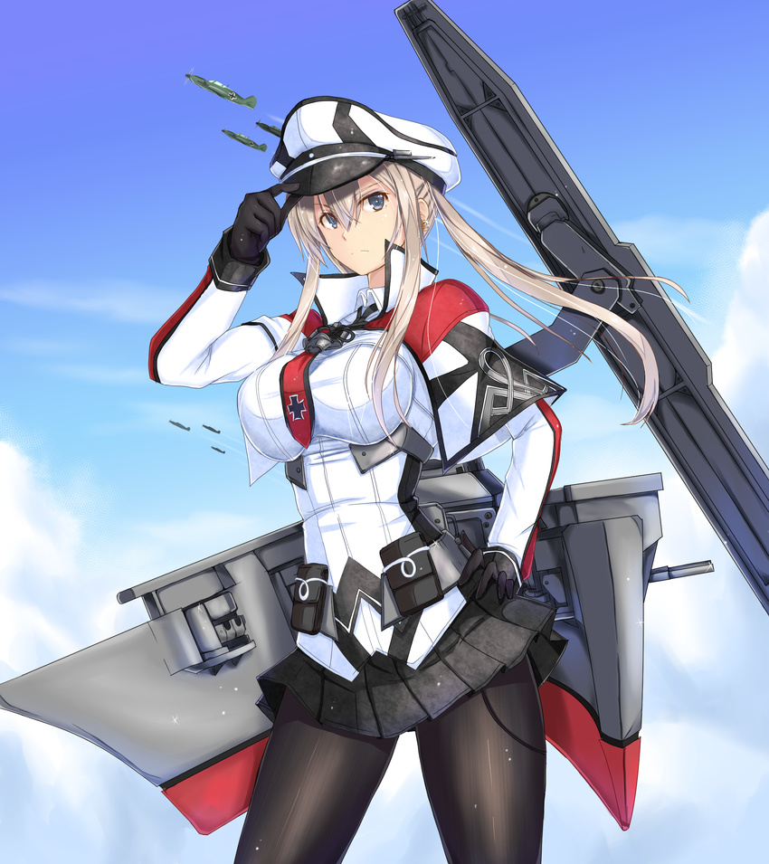 aa_gun absurdres adjusting_clothes adjusting_hat anchor bf_109 black_gloves black_legwear blonde_hair breasts cannon capelet celtic_knot cloud cloudy_sky cross day flight_deck gloves graf_zeppelin_(kantai_collection) grey_eyes hair_between_eyes hand_on_hip hat highres iron_cross jacket kantai_collection large_breasts long_hair luna_(gunfire) machinery military military_uniform miniskirt necktie outdoors pantyhose peaked_cap sidelocks skirt sky solo tsurime twintails uniform white_hat