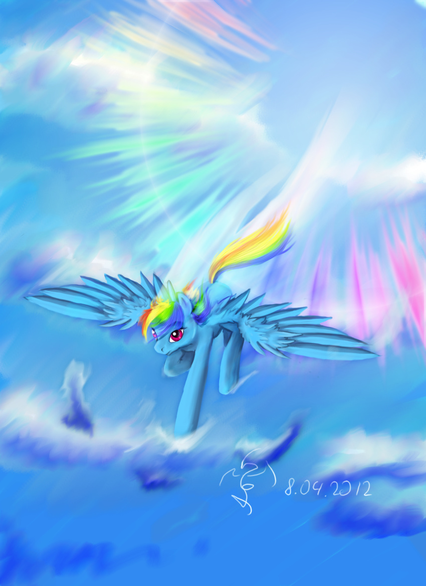 2012 blue_feathers blue_fur dalagar detailed_background equine feathers female feral friendship_is_magic fur hair hooves mammal multicolored_hair my_little_pony outside pegasus pink_eyes rainbow_dash_(mlp) rainbow_hair sky solo wings