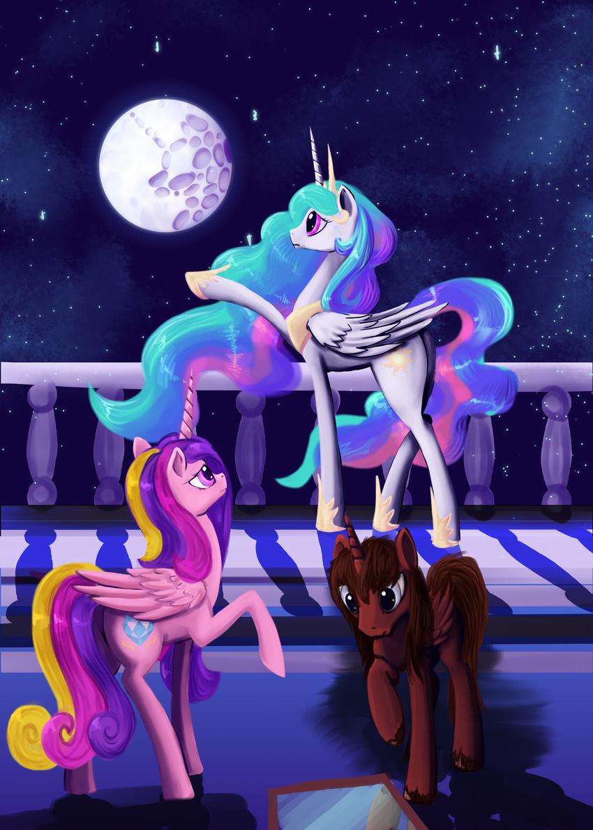 brown_hair cutie_mark dalagar detailed_background equine fan_character feathered_wings feathers female feral friendship_is_magic fur group hair hooves horn mammal multicolored_hair my_little_pony night outside pink_eyes princess_cadance_(mlp) princess_celestia_(mlp) sky standing star starry_sky white_feathers white_fur winged_unicorn wings