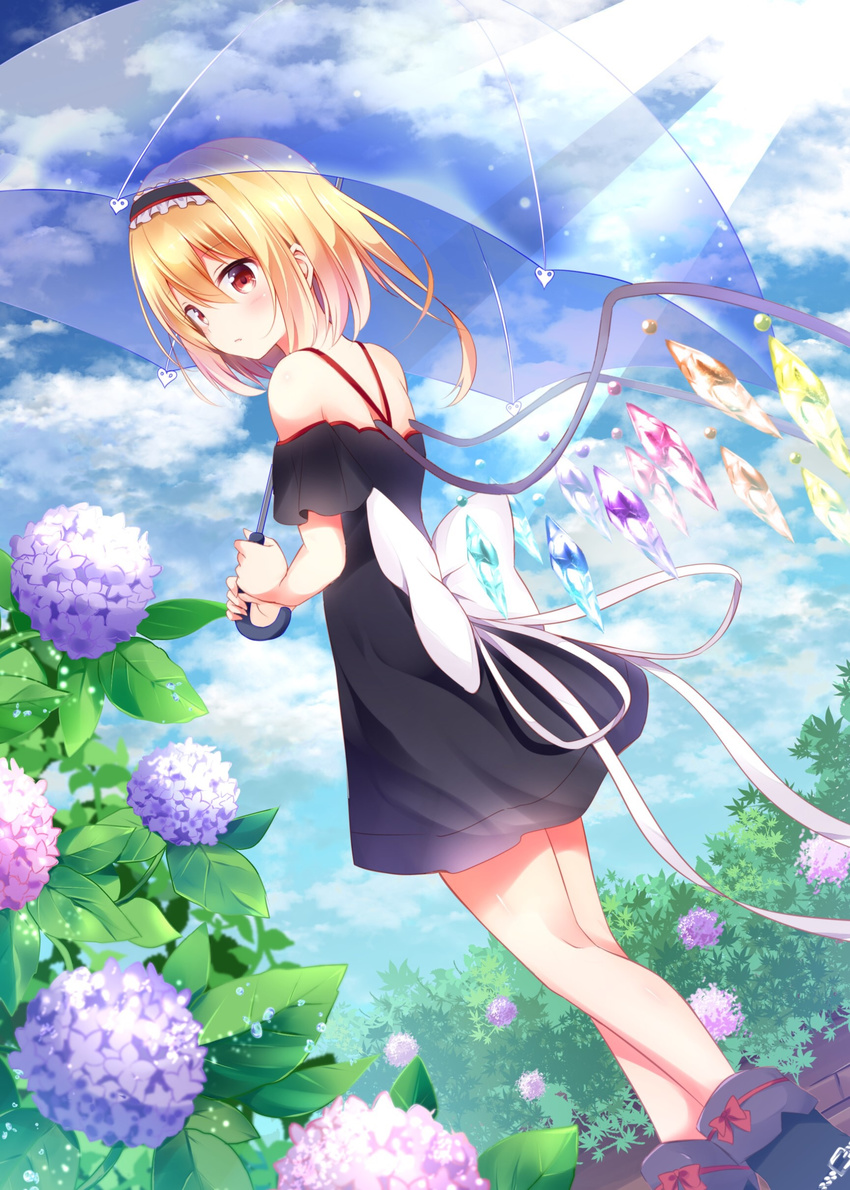 absurdres alternate_costume alternate_hairstyle bare_shoulders black_dress black_footwear blonde_hair bow cloud cloudy_sky commentary_request crystal day dress dutch_angle flandre_scarlet flower hairband highres hydrangea hyurasan light_rays lolita_hairband looking_at_viewer looking_back no_hat no_headwear off-shoulder_dress off_shoulder outdoors parted_lips red_bow red_eyes shoe_bow shoes short_hair short_sleeves sky solo sunbeam sunlight touhou transparent transparent_umbrella umbrella white_bow wings