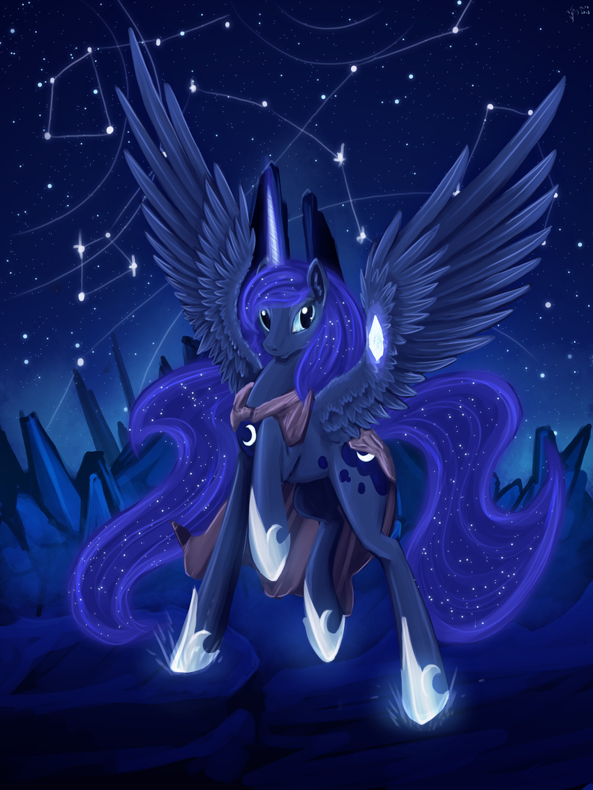 blue_eyes blue_feathers blue_fur constellations cutie_mark dalagar detailed_background equine feathered_wings feathers female feral friendship_is_magic fur hooves horn mammal my_little_pony night outside princess_luna_(mlp) sky solo standing star starry_sky winged_unicorn wings