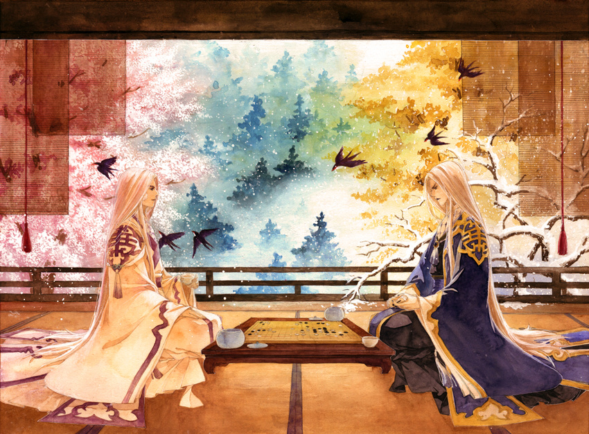 animal autumn bare_tree bird board_game chinese_clothes cup curtains eye_contact from_side go heting holding holding_cup light_smile long_hair long_sleeves looking_at_another looking_down male_focus mat multiple_boys on_floor own_hands_together petals pili_budaixi profile robe seasons seiza sitting snow snowing spring_(season) summer swallow tassel teacup traditional_media tree very_long_hair watercolor_(medium) white_hair wide_sleeves