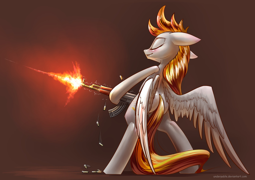 cutie_mark equine eyes_closed fan_character feathered_wings feathers female feral grey_feathers gun hair holding_object holding_weapon mammal my_little_pony nude orange_hair pegasus ranged_weapon simple_background smile solo underpable weapon wings