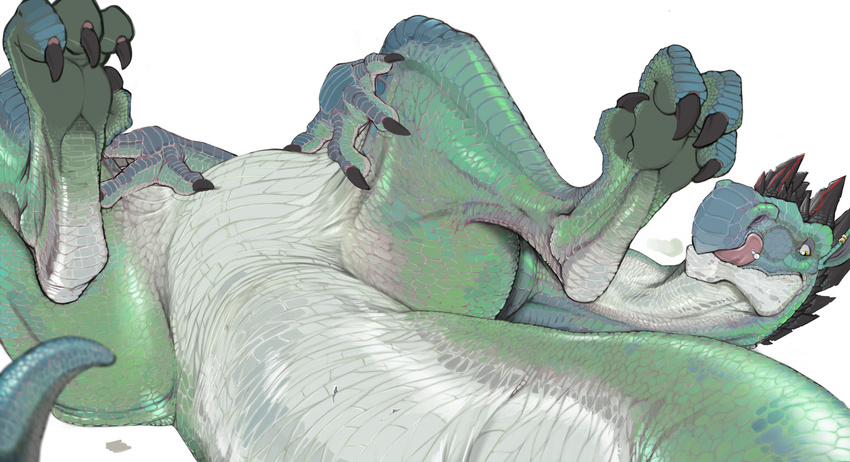 ambiguous_gender butt claws digital_media_(artwork) digitigrade dinosaur feral hi_res horn lying male narse on_back piercing scales scalie simple_background solo tongue tongue_out tongue_piercing white_background