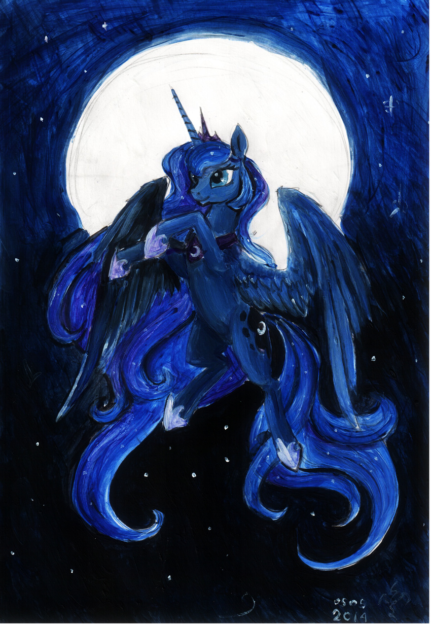 2014 blue_eyes blue_feathers blue_hair cutie_mark dalagar equine eyelashes feathered_wings feathers female feral friendship_is_magic hair hooves horn mammal moon my_little_pony night nude outside princess_luna_(mlp) smile solo traditional_media_(artwork) winged_unicorn wings