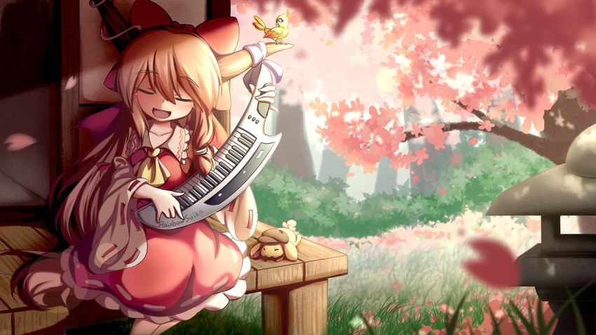 architecture ascot bird bow bunny bush cherry_blossoms closed_eyes commentary_request cosplay detached_sleeves dior-zi dress east_asian_architecture eyebrows eyebrows_visible_through_hair fang flat_cap frilled_shirt_collar frilled_skirt frills grass hair_between_eyes hair_bow hakurei_reimu hakurei_reimu_(cosplay) hat highres horn_ornament horns ibuki_suika instrument keyboard_(instrument) keytar long_hair nontraditional_miko open_mouth orange_hair petals porch red_bow red_dress ribbon-trimmed_skirt ribbon-trimmed_sleeves ribbon_trim ringo_(touhou)_(bunny) sidelocks sitting skirt smile stone_lantern sunlight touhou tree very_long_hair wide_sleeves