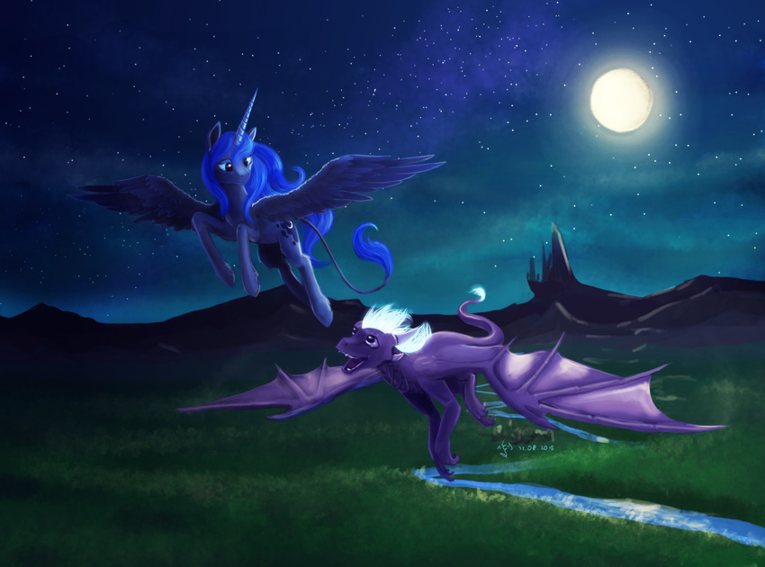 2015 blue_eyes blue_feathers blue_fur blue_hair cutie_mark dalagar detailed_background dragon duo equine feathered_wings feathers female feral flying friendship_is_magic fur hair horn male mammal membranous_wings moon my_little_pony night nude open_mouth outside princess_luna_(mlp) sky star starry_sky teeth white_hair winged_unicorn wings