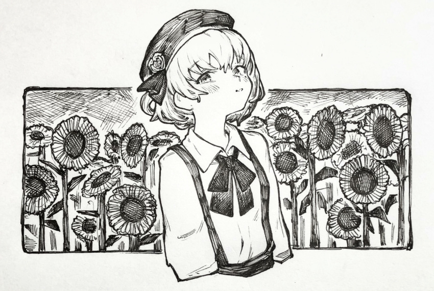 1girl bangs beret black_hat black_neckwear blush collared_shirt cropped_torso eyebrows_visible_through_hair flower greyscale hat hat_flower hatoba_tsugu hatoba_tsugu_(character) highres long_sleeves looking_at_viewer mashimashi monochrome rose shirt short_hair solo sunflower suspenders upper_body virtual_youtuber white_flower white_hair white_rose white_shirt