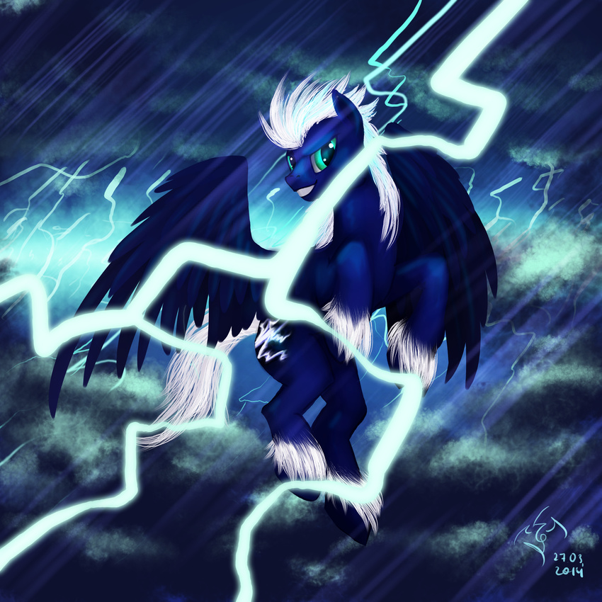 2014 blue_eyes blue_feathers blue_fur blue_hair cutie_mark dalagar equine fan_character feathers feral fur hair hooves lightning male mammal my_little_pony night nude outside pegasus smile solo storm wings