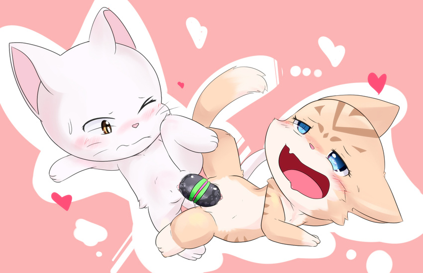 &lt;3 blue_eyes blush brown_eyes cat charle clyndemoon cute dildo exceed fairy_tail feline female female/female long_tail mammal nude pink_background pussy_juice ribbons sex sex_toy simple_background tail_ribbon