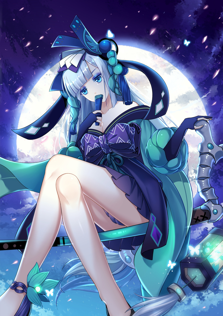 absurdres aoandon backlighting bare_shoulders black_gloves blue_eyes bow bug butterfly collarbone commentary_request covering_mouth crossed_legs dress elbow_gloves eyeshadow fan folding_fan full_moon gloves glowing_butterfly heishan highres hime_cut insect long_hair looking_at_viewer makeup moon off-shoulder_dress off_shoulder onmyoji outdoors partly_fingerless_gloves puffy_sleeves purple_bow silver_hair sitting solo very_long_hair