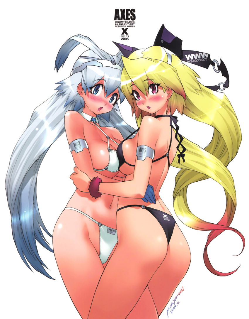 :o arm_strap ass bad_id bad_tumblr_id bikini blonde_hair blue_eyes blush breast_press breasts copyright_request cowboy_shot eyebrows eyebrows_visible_through_hair gloves gradient_hair highres hug large_breasts long_hair looking_at_viewer multicolored_hair multiple_girls nose_blush novia official_art psikyo red_eyes red_hair scrunchie simple_background strap_gap swimsuit symmetrical_docking taisen_hot_gimmick_3 white_background white_hair wrist_scrunchie yoshizaki_mine