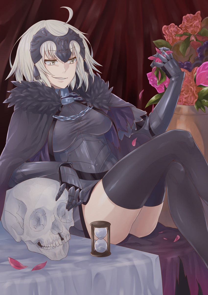 absurdres ahoge armor blonde_hair breasts cape fate/grand_order fate_(series) flower fur-trimmed_cape fur_trim highres hourglass jeanne_d'arc_(alter)_(fate) jeanne_d'arc_(fate)_(all) large_breasts petals short_hair skull smirk sneer solo thighhighs thighs weaponman yellow_eyes