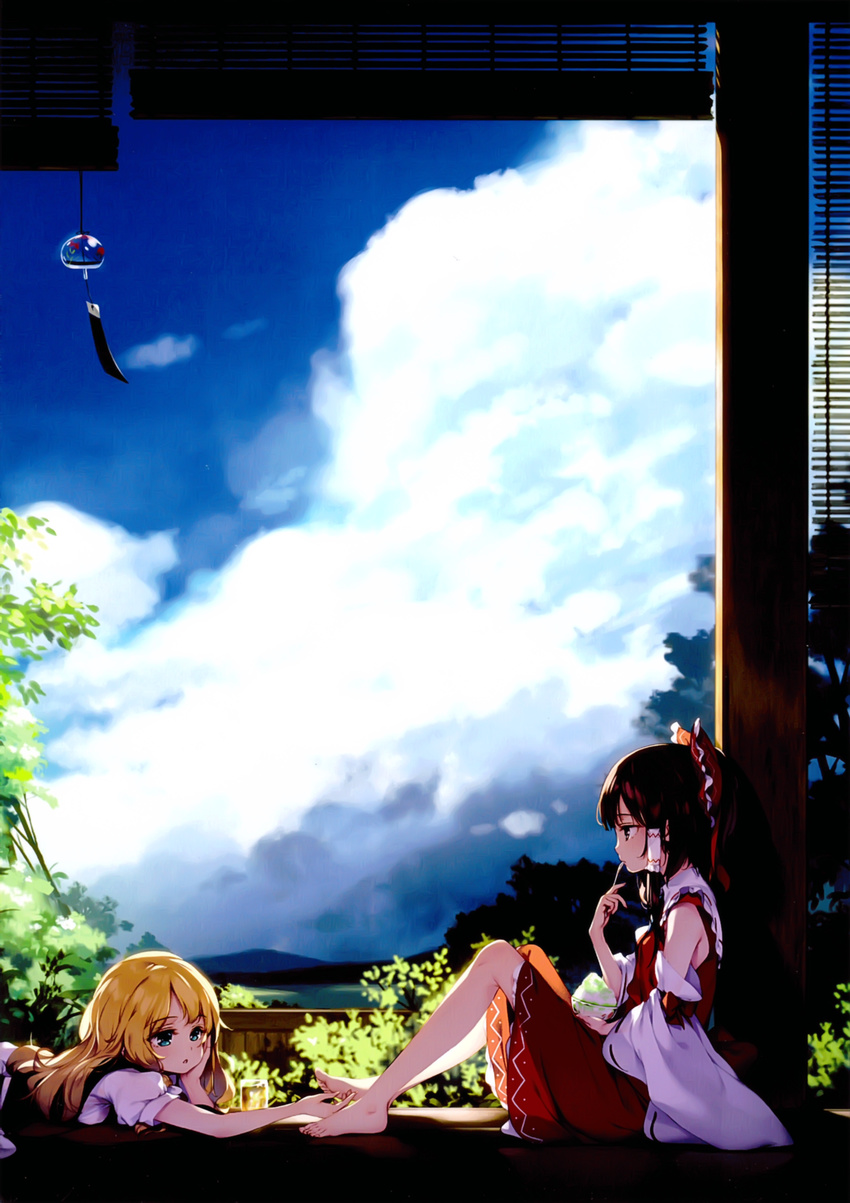 absurdres aqua_eyes bare_legs bare_shoulders barefoot blonde_hair blue_eyes blue_sky bored bow brown_hair cloud day detached_sleeves dress eating feet food hair_bow hair_tubes hakurei_reimu hands_on_feet head_rest highres holding holding_spoon japanese_clothes ke-ta kirisame_marisa long_hair long_sleeves lying miko multiple_girls on_stomach open_mouth outdoors puffy_short_sleeves puffy_sleeves ribbon ribbon-trimmed_sleeves ribbon_trim scan scenery shaved_ice short_sleeves sitting skirt skirt_set sky spoon touhou wide_sleeves wind_chime