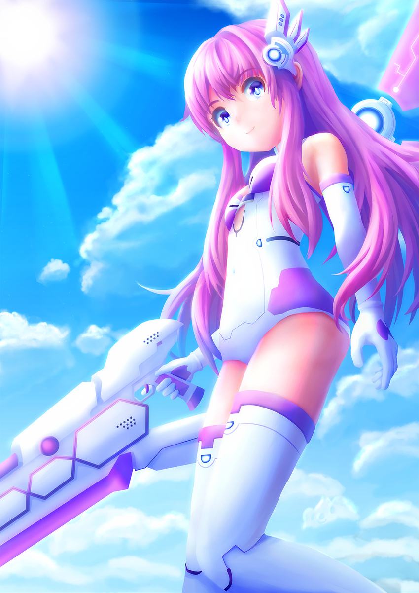 blue_eyes breasts cleavage cloud day elbow_gloves eyebrows eyebrows_visible_through_hair gloves hair_ornament highres long_hair looking_at_viewer nepgear neptune_(series) pink_hair purple_eyes purple_sister sky small_breasts smile solmyr2000 solo sword symbol-shaped_pupils very_long_hair weapon
