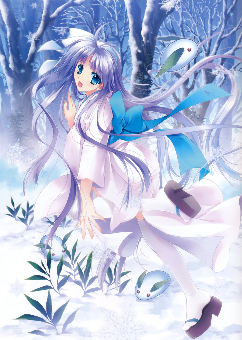 absurdres blue_eyes blue_hair bow full_body highres long_hair looking_at_viewer open_mouth original scan snow snow_bunny solo tree very_long_hair yamamoto_kazue