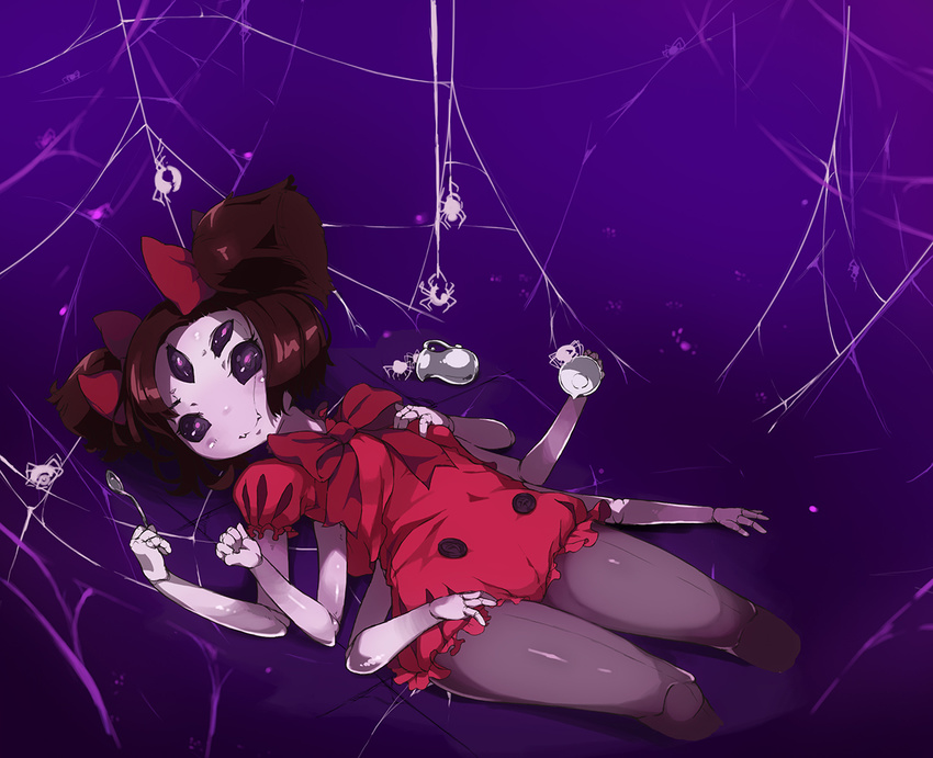 black_hair black_legwear bug dress extra_eyes fangs fewer_digits insect_girl lying monster_girl muffet multiple_arms on_back pantyhose purple_eyes purple_skin ribbon short_hair shorts silk smile solo spider spider_girl spider_web two_side_up undertale visark