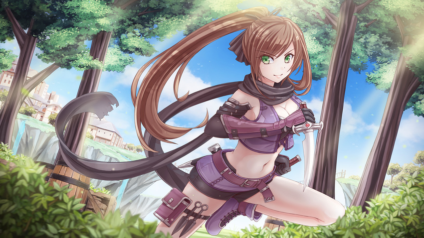 belt bike_shorts breasts brown_hair cleavage commentary crop_top crystalline dagger dual_wielding dutch_angle elbow_gloves gloves green_eyes hair_ribbon highres holding kara_noir kunai large_breasts light_smile lips long_hair microskirt ninja ponytail reverse_grip ribbon running scarf shorts shorts_under_skirt skirt solo sunimu thigh_pouch vambraces weapon