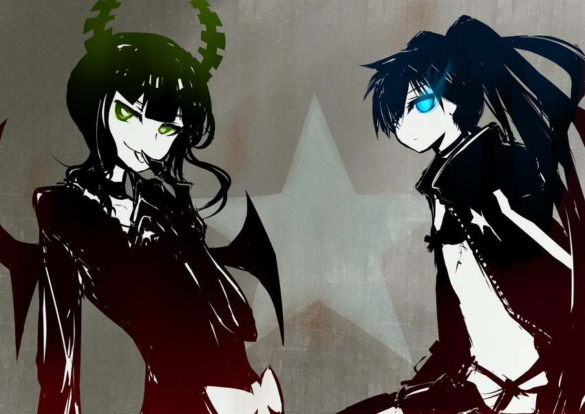 :p bad_id bad_pixiv_id bangs bikini_top black_rock_shooter black_rock_shooter_(character) blue_eyes burning_eye coat dead_master glowing glowing_eyes green_eyes highres horns long_hair mikidar monochrome multiple_girls scar smile spot_color star tongue tongue_out twintails wings
