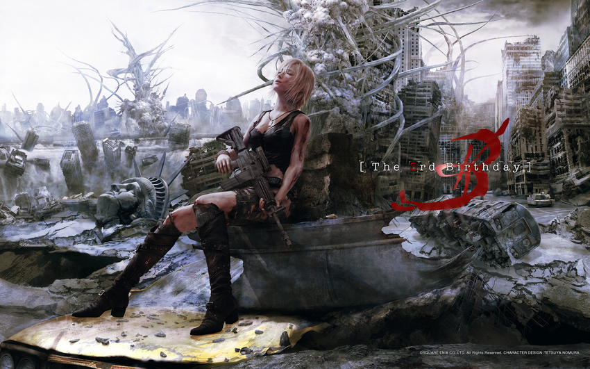 assault_rifle aya_brea bare_shoulders belt blonde_hair blood boots bracelet building car closed_eyes debris denim destruction ground_vehicle gun highres injury jeans jewelry landmark legs logo military military_vehicle motor_vehicle necklace new_york ocean pants parasite_eve parasite_eve_the_3rd_birthday realistic rifle rubble ruins scenery short_hair sitting solo statue_of_liberty tank tank_top torn_clothes train wallpaper weapon