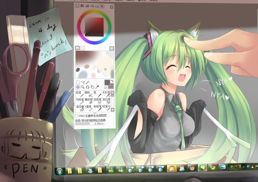animal_ears box cat_ears closed_eyes desktop dreamlight2000 english fang green_hair happy hatsune_miku heart highres in_box in_container kemonomimi_mode long_hair monitor necktie nyan open_mouth painttool_sai poking scissors smile solo_focus spring_onion twintails very_long_hair vocaloid