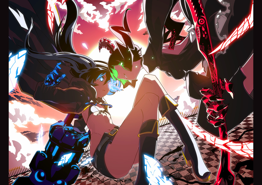 absurdres arm_cannon bad_id bad_pixiv_id bikini_top black_hair black_rock_shooter black_rock_shooter_(character) blue_eyes boots burning_eye checkered checkered_floor colorful dead_master eye_contact face-to-face flat_chest glowing glowing_eyes highres horns long_hair looking_at_another midriff multiple_girls navel pillarboxed scar scythe shorts sun sunset tsuru_(clainman) twintails weapon