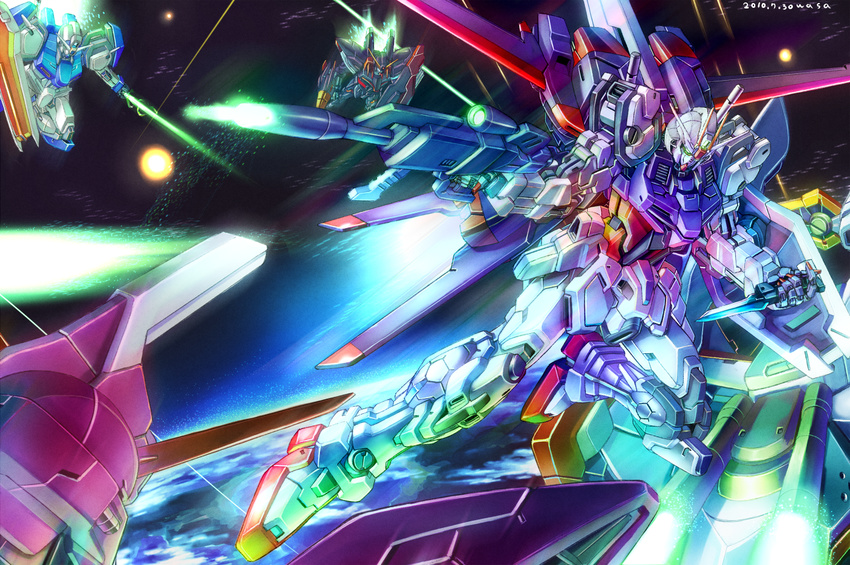 aile_strike_gundam archangel_(gundam) battle beam_rifle blitz_gundam dagger duel_gundam earth energy_beam energy_gun energy_sword explosion gun gundam gundam_seed mecha no_humans shield space space_craft strike_gundam sword wasabi_(payan) weapon