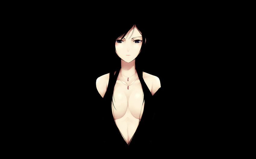 bare_shoulders black black_dress black_eyes black_gloves black_hair blending blush breasts cleavage dress elbow_gloves face gloves jewelry kyo_(kuroichigo) large_breasts long_hair maria-sama_ga_miteru necklace ogasawara_sachiko solo t-shirt_material wallpaper