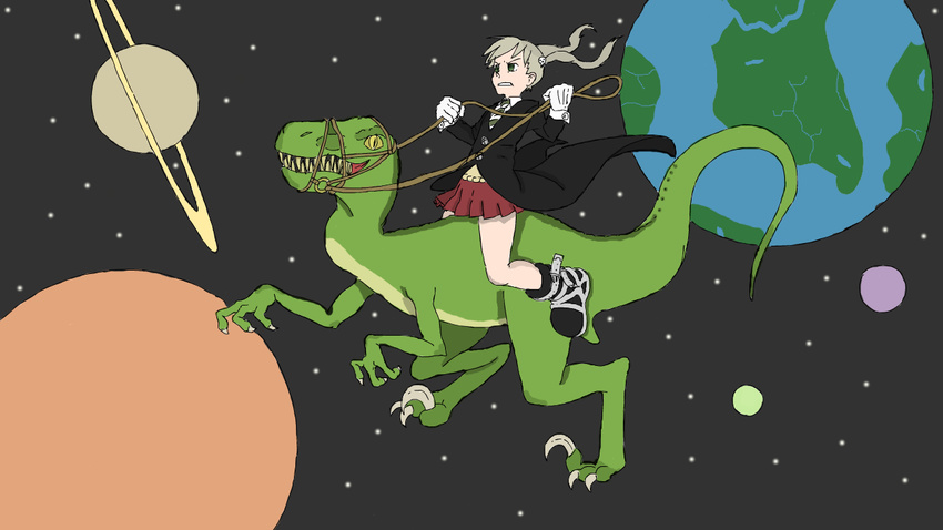 4chan dinosaur dinosaur_riding drawfag gloves maka_albarn planet pleated_skirt riding skirt soul_eater space twintails what white_gloves