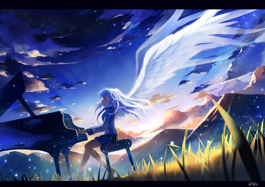 angel_beats! closed_eyes field grass instrument ldld2 mountain piano profile school_uniform silver_hair skirt sky solo tenshi_(angel_beats!) wings