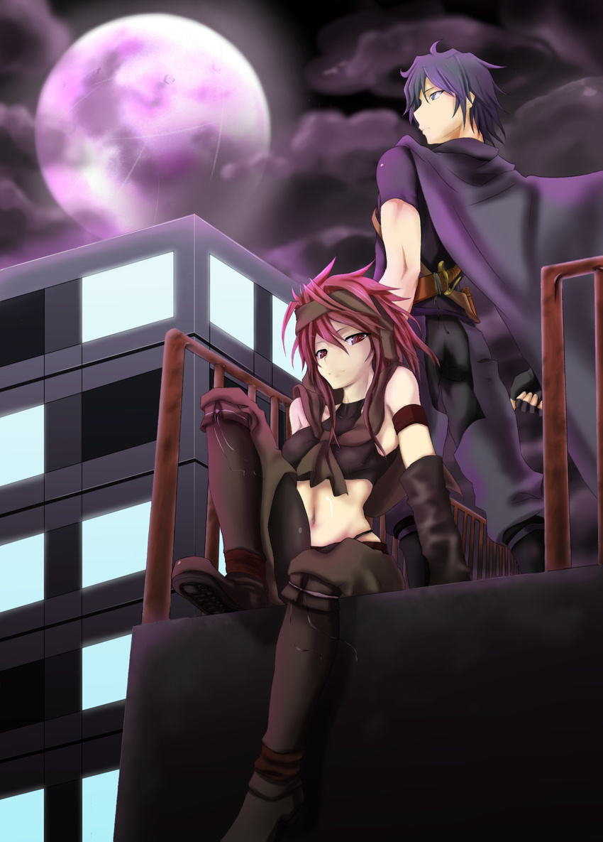 1girl armband bad_id bad_pixiv_id belt blue_eyes blue_hair boots building cape cloud crop_top fingerless_gloves gloves headband highres knee_boots knife midriff moon navel night night_sky original outdoors pink_eyes pink_hair railing rooftop sheath shinon_(tokage_shuryou) short_hair sitting sky smile spiked_hair standing