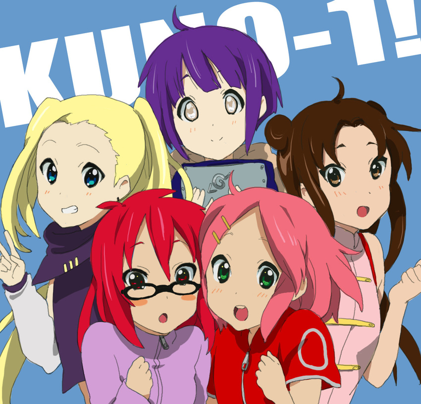 :o aono_(cmns) bad_id bad_pixiv_id blonde_hair blue_eyes blush blush_stickers brown_eyes brown_hair derivative_work double_bun forehead_protector glasses green_eyes grin hair_ornament hairpin haruno_sakura headband highres hyuuga_hinata k-on! karin_(naruto) long_hair multiple_girls naruto_(series) naruto_shippuuden open_mouth parody pink_hair purple_hair red_eyes red_hair round_teeth short_hair smile style_parody teeth tenten v white_eyes yamanaka_ino zipper