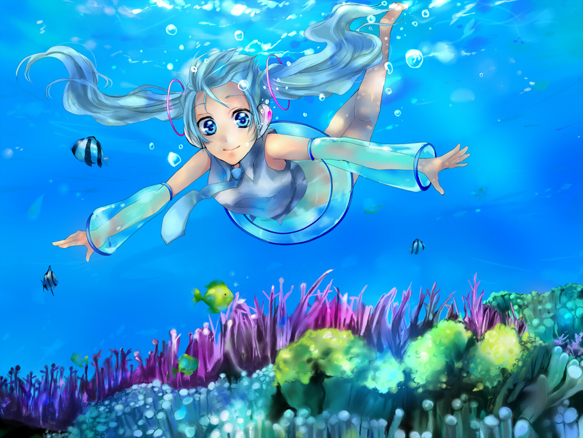 aqua_eyes aqua_hair bad_id bad_pixiv_id bare_shoulders barefoot detached_sleeves fish hatsune_miku long_hair necktie see-through solo the_starry_skies twintails underwater vocaloid