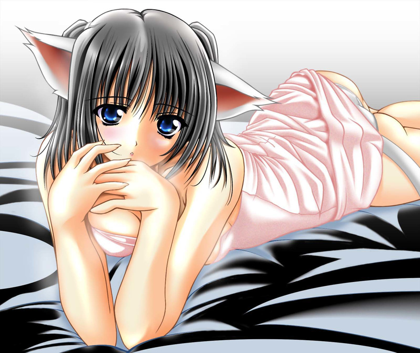 animal_ears black_hair blue_eyes blush blushing cat_ears highres nekomimi panties sky_lounge towel underwear wallpaper