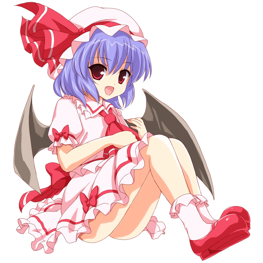 bad_id bad_pixiv_id bat_wings blue_hair fang full_body hat highres marugoshi_(54burger) open_mouth puffy_short_sleeves puffy_sleeves red_eyes remilia_scarlet ribbon shoes short_hair short_sleeves smile socks solo touhou transparent_background wings