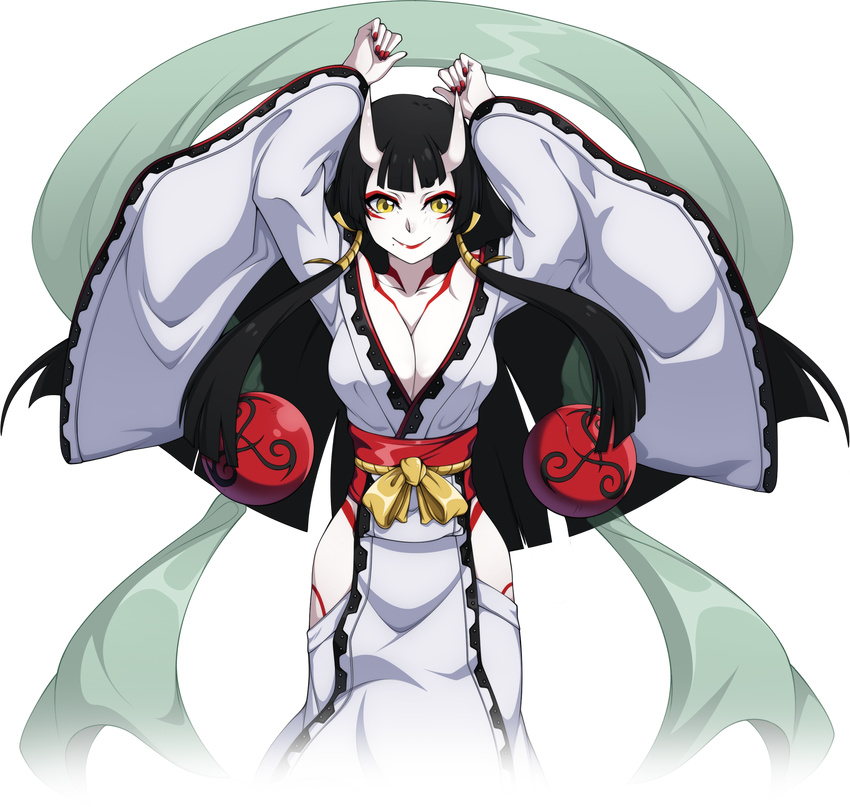 alpha_transparency black_hair breasts commentary cropped_legs facial_mark fearless_night goddess hagoromo hair_ribbon highres hip_vent japanese_clothes kimono large_breasts lipstick long_hair makeup mole mole_under_mouth nail_polish obi official_art oni_horns pelvic_curtain ribbon sash shawl shinatobe smile solo spike_wible transparent_background white_skin wide_sleeves yellow_eyes