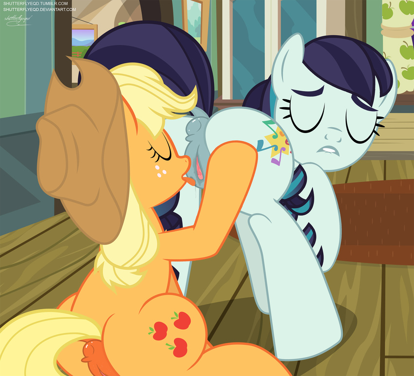 2016 anus applejack_(mlp) blonde_hair butt coloratura_(mlp) cowboy_hat cunnilingus cutie_mark duo earth_pony equine eyes_closed female feral freckles friendship_is_magic fur grey_fur hair hat horse inside mammal multicolored_hair my_little_pony oral orange_fur pony pussy pussy_juice sex shutterflyeqd tongue tongue_out vaginal