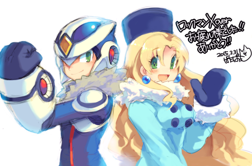 1boy 1girl android bangs blonde_hair blue_coat blush breasts buttons capcom coat copyright_name dated earrings eyebrows_visible_through_hair fur_hat fur_trim gloves green_eyes hat helmet iroyopon jewelry kalinka_cossack long_hair looking_at_viewer medium_breasts open_mouth over-1_(rockman) rockman rockman_xover signature simple_background smile ushanka white_background