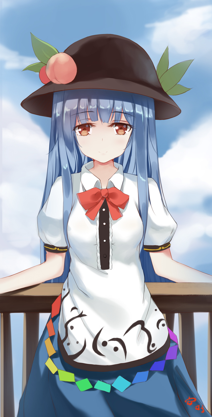absurdres anhao arms_at_sides bad_id bad_pixiv_id bangs black_hat blue_hair blue_skirt blue_sky blunt_bangs bow bowtie brown_eyes buttons closed_mouth cloud cloudy_sky collared_shirt cowboy_shot day eyebrows eyebrows_visible_through_hair food fruit hat hat_leaf highres hinanawi_tenshi long_hair looking_at_viewer peach puffy_short_sleeves puffy_sleeves railing rainbow_order red_bow red_neckwear shirt short_sleeves signature skirt sky smile solo touhou wing_collar