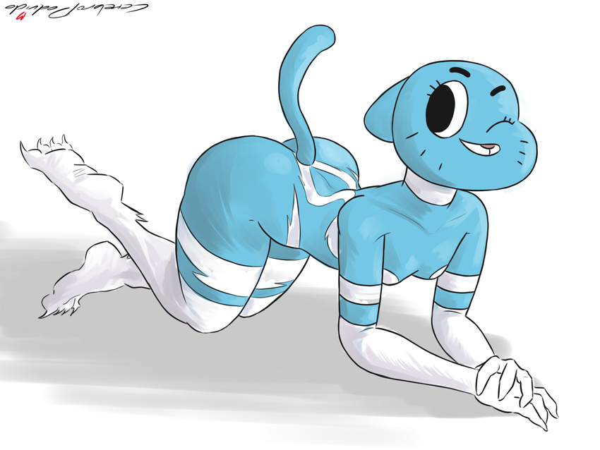 2015 cartoon_network cat cerebropodrido claws clothed clothing cosplay darkstalkers digital_media_(artwork) felicia feline female gloves invalid_tag lingerie looking_at_viewer mammal nicole_watterson one_eye_closed simple_background solo the_amazing_world_of_gumball video_games whiskers wink