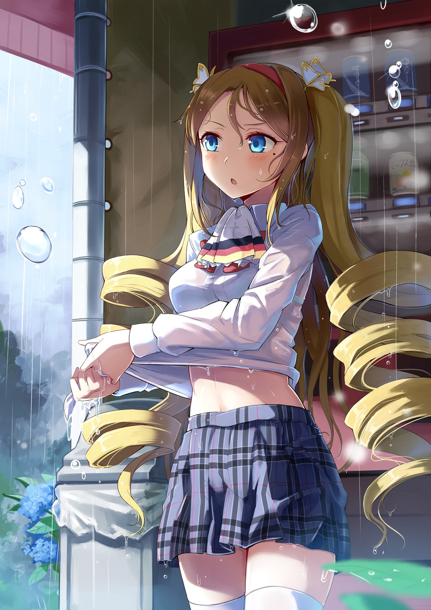 :o artist_request blue_eyes blue_skirt blurry blush breasts brown_hair building butterfly_hair_ornament can cloud cloudy_sky collared_shirt cowboy_shot cravat day depth_of_field drainpipe drill_hair flower german_flag hair_ornament hair_strand hairband highres hydrangea long_hair long_sleeves looking_away looking_to_the_side maiden_craft medium_breasts midriff mole mole_under_eye official_art open_mouth outdoors plaid plaid_skirt plant rain red_hairband shirt skirt sky soda_can solo standing stomach thighhighs trash_can twin_drills twintails vending_machine very_long_hair victoria_lueger water water_drop wet wet_clothes wet_hair white_legwear white_shirt wing_collar wringing wringing_clothes zettai_ryouiki