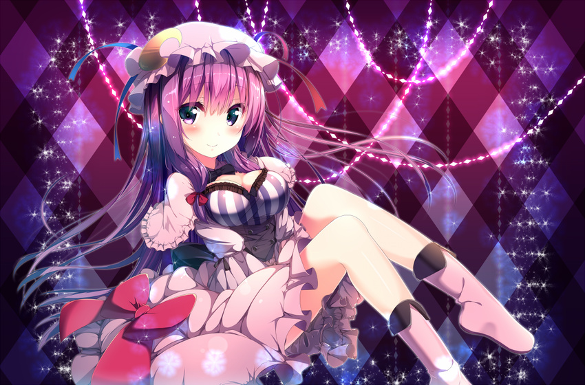 argyle argyle_background blue_ribbon blush bow breasts capelet cleavage closed_mouth commentary_request crescent dress from_side hair_bow hat hat_ribbon long_hair long_sleeves looking_at_viewer looking_to_the_side medium_breasts mob_cap patchouli_knowledge purple_eyes purple_hair red_bow red_ribbon ribbon smile solo sparkle striped touhou usume_shirou vertical-striped_dress vertical_stripes very_long_hair