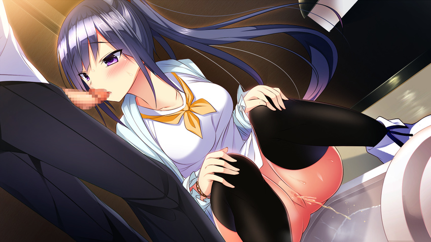 1girl black_legwear blue_hair bracelet breasts censored dutch_angle embarrassed frilled_sleeves frills game_cg goshujin-sama_maidfuku_o_nugasanaide. hands_on_own_knees hetero highres imminent_fellatio indoors jewelry kakao kurosaki_rika large_breasts long_hair looking_at_penis looking_away mosaic_censoring neckerchief open_mouth pants pee peeing penis ponytail purple_eyes pussy shirt shoes solo_focus squat_toilet squatting standing sweat thighhighs toilet_paper toilet_use very_long_hair white_footwear white_shirt