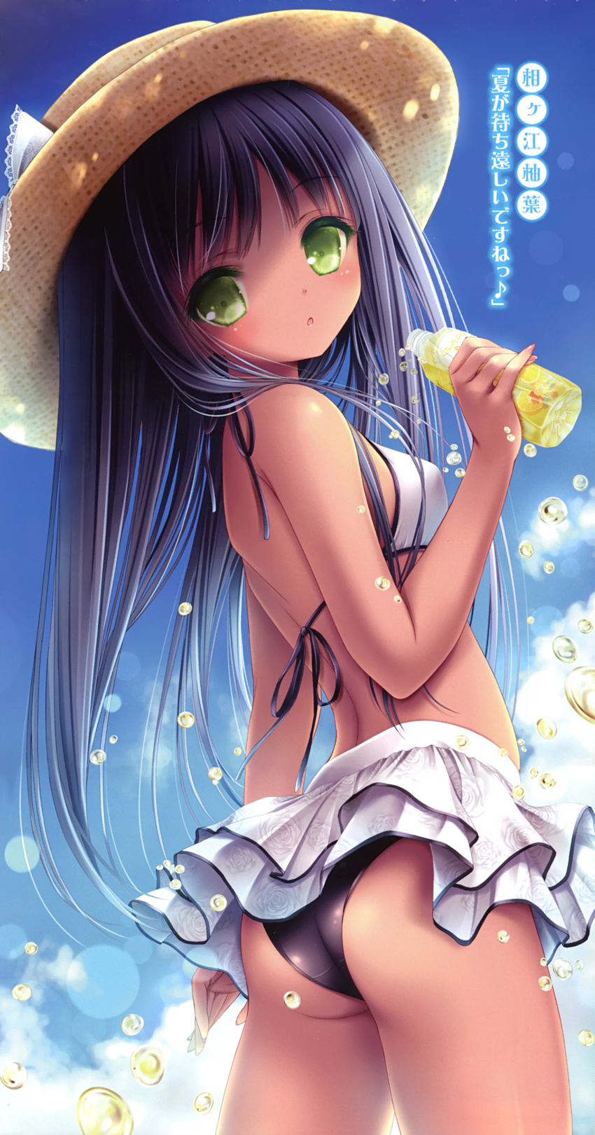 :o absurdres aigae_yuzuha ass bangs bare_arms bare_back bare_shoulders bikini_skirt bikini_top blue_sky blunt_bangs bottle breasts colored_eyelashes covered_nipples cowboy_shot dark_skin day eighth_note energy_drink eyebrows eyebrows_visible_through_hair from_behind green_eyes hat highres holding holding_bottle liquid long_hair looking_at_viewer looking_back musical_note parted_lips purple_hair sky small_breasts solo standing summer sun_hat sunlight tenshi_no_3p! thighs tinker_bell translation_request white_bikini_top