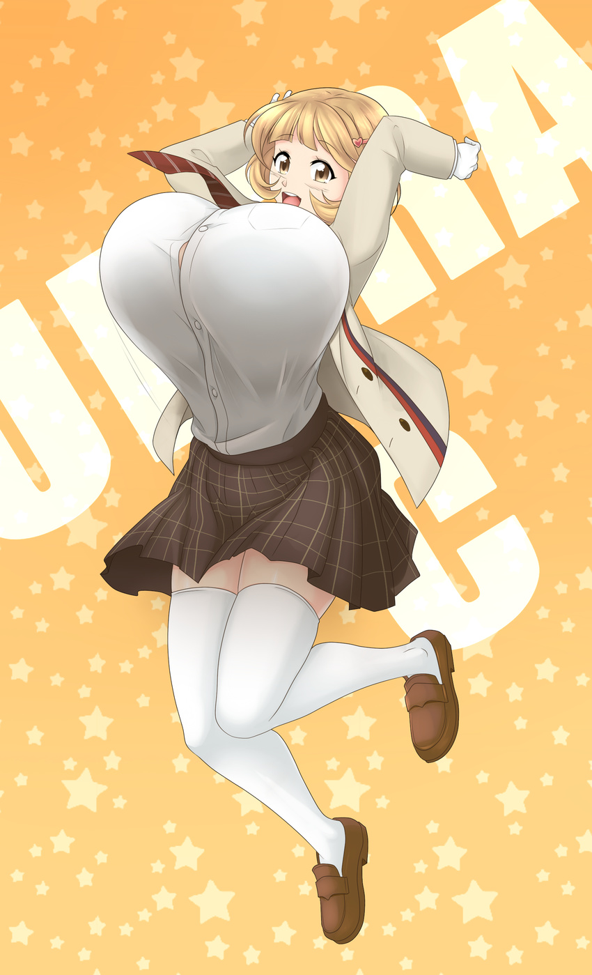 absurdres arms_up bouncing_breasts breasts brown_eyes brown_hair commentary_request gloves hair_ornament hairclip heart heart_hair_ornament highres huge_breasts jumping looking_at_viewer midair narusawa_ryouka occultic;nine plaid plaid_skirt round_teeth saburox shoes short_hair skirt smile solo teeth thighs white_gloves white_legwear